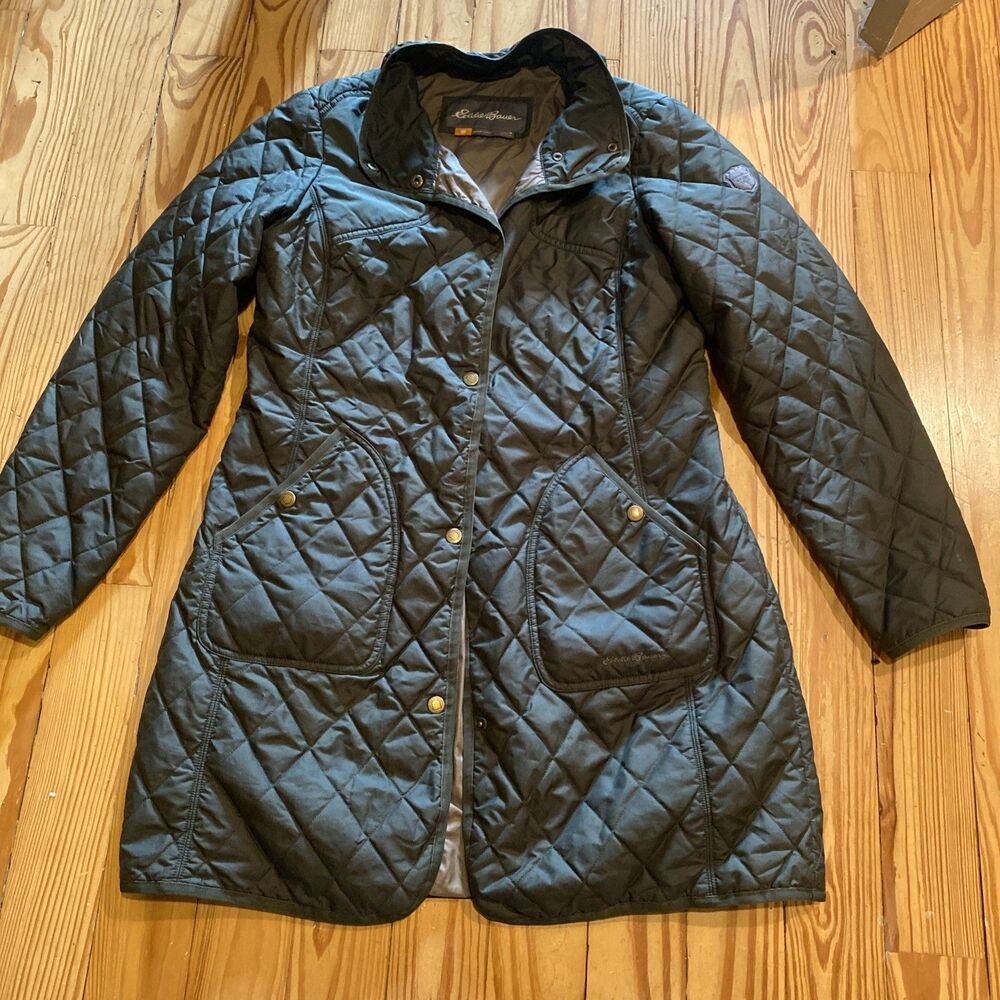 Eddie Bauer Jacket Women M Sport Shop Diamond Quilted Lightweight Olive Snap